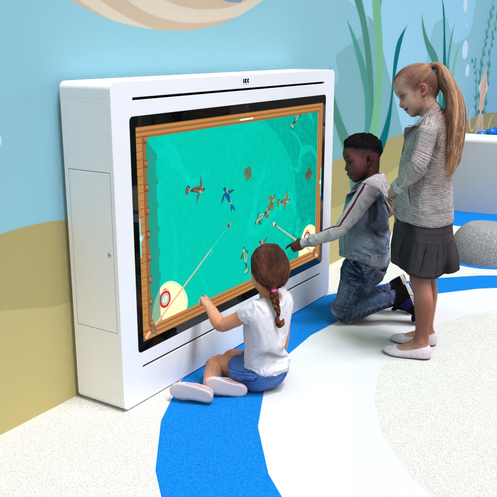Esta imagen muestra un sistema de juego interactivo Delta 65 inch